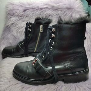Allsaints Donita Combat Boots Black Leather Buckle Lace Up Lug Sole Women’s 9/39